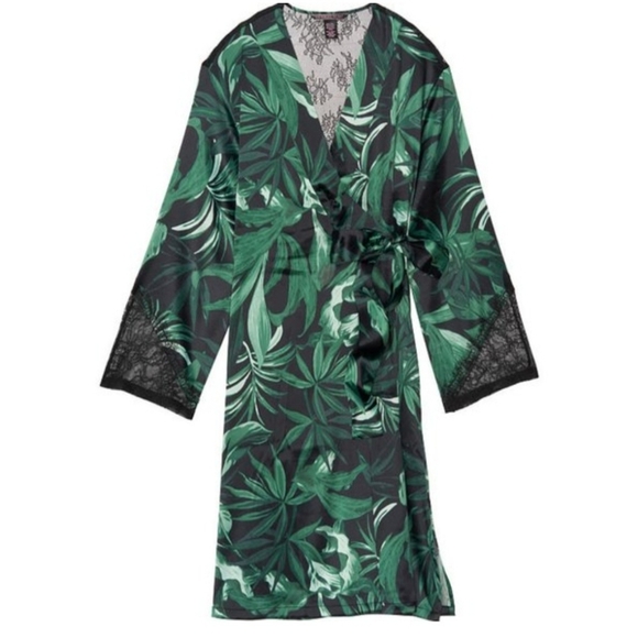 Victorias Secret Chantilly Green Palm Leaves Lace Kimono Robe Cover Up M/L - Picture 4 of 16